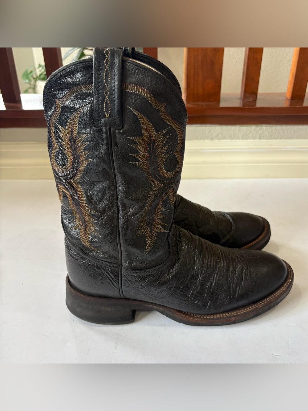 Vintage Tony Lama Cowboy Boots Mens 8.5 D Black Leather Western Made USA